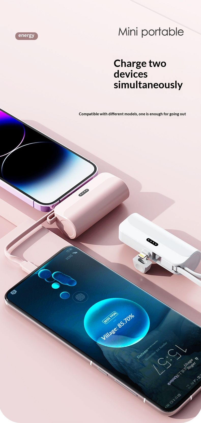 Batterie externe KC Cross-Border Mini Capsule 5000 mAh, compacte et portable, avec câble intégré et personnalisable_voghion.com