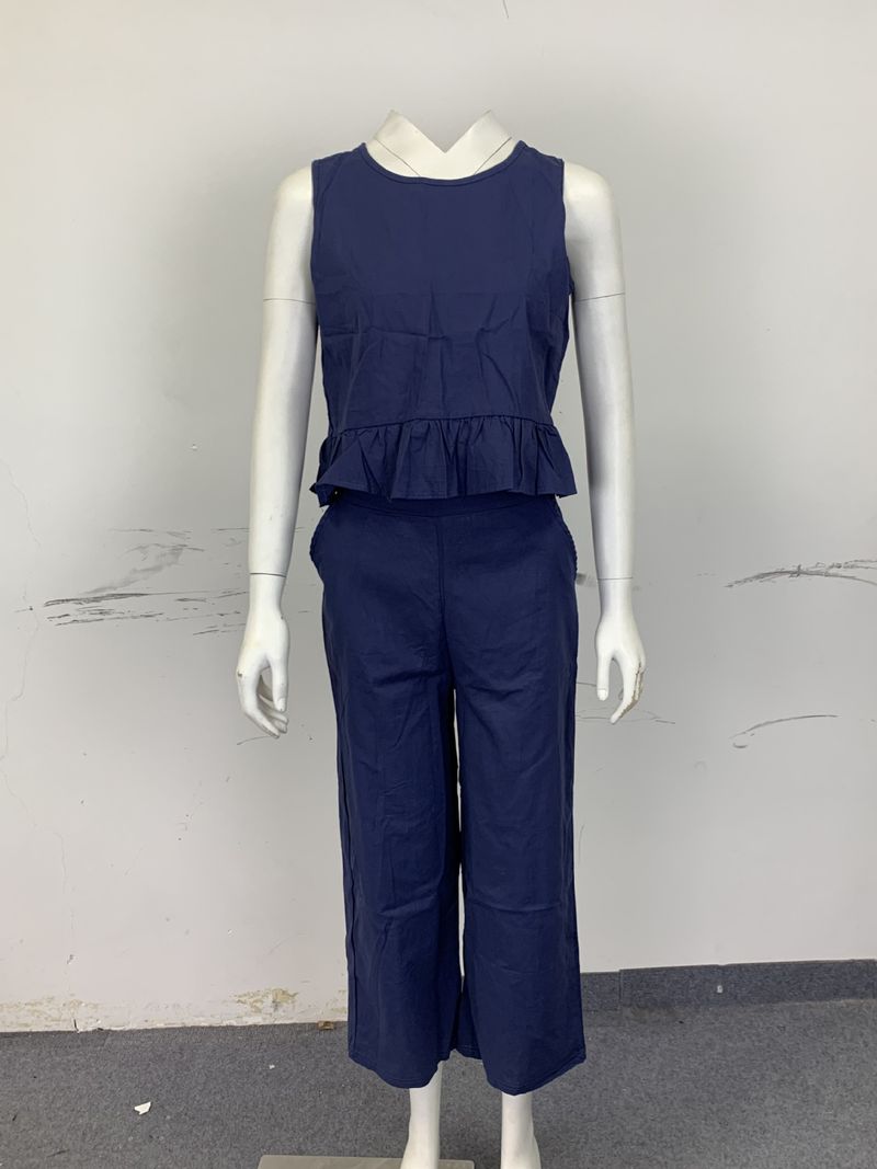 Ärmelloses Rüschenoberteil und weit geschnittene Hose aus Leinen-Baumwolle für Damen – Bohemian-Sommeroutfit_voghion.com