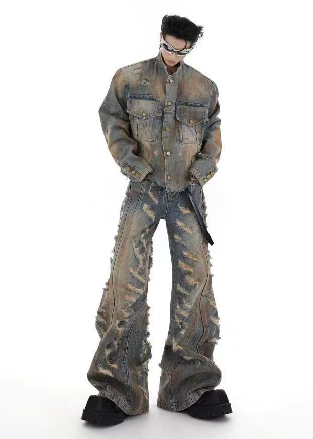 Men's Clothing Niche Retro Wasteland Destruction Denim Jacket Suit Heavyweight Distressed Jacket Flared Jeans Trend_voghion.com