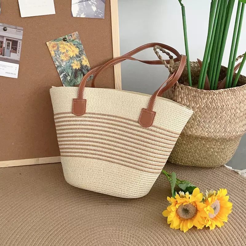 Borsa da spiaggia in rattan intrecciato, nuova, versatile, casual, da donna, a tracolla singola, a righe, in paglia, estiva, grande capacità_voghion.com