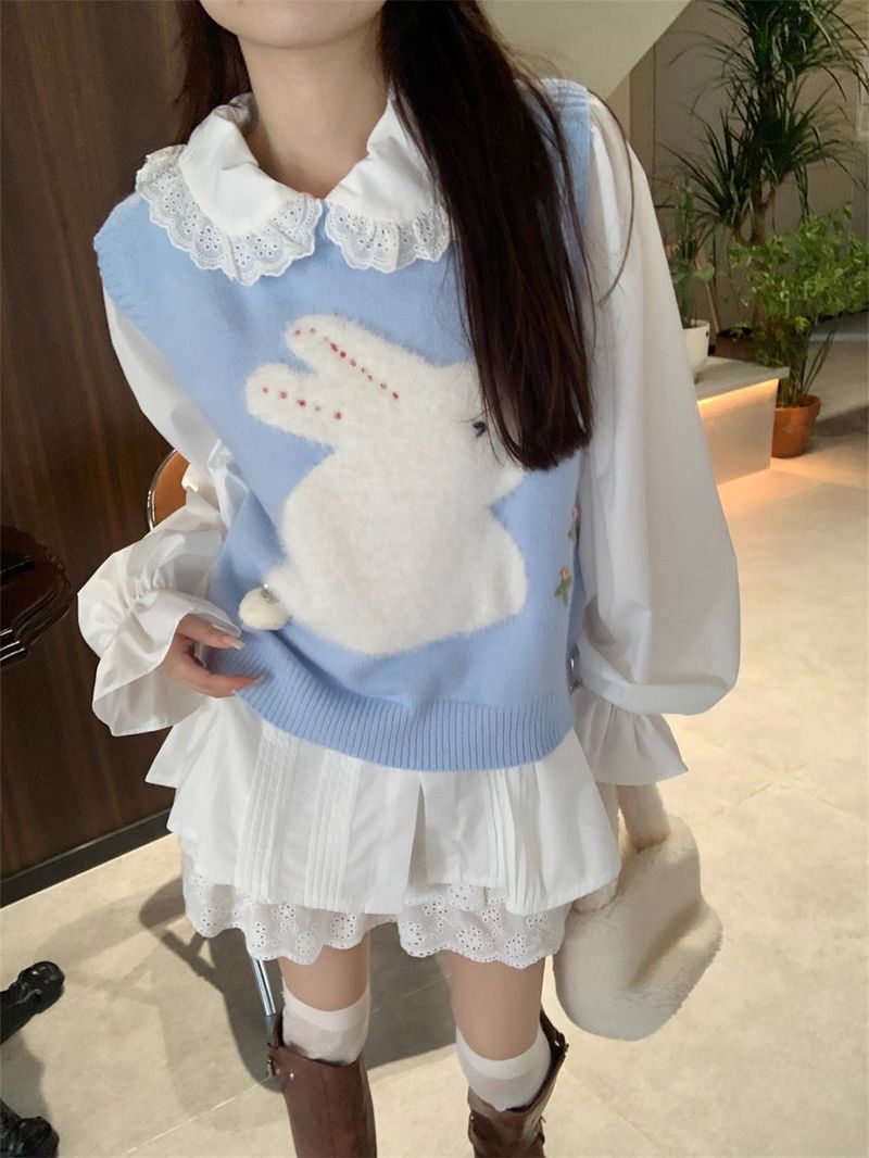 Sweet Rabbit~Cute Reduced Age Rabbit Jacquard Stacked Vest with Three Dimensional Plush Ball Decoration Exterior Top_voghion.com