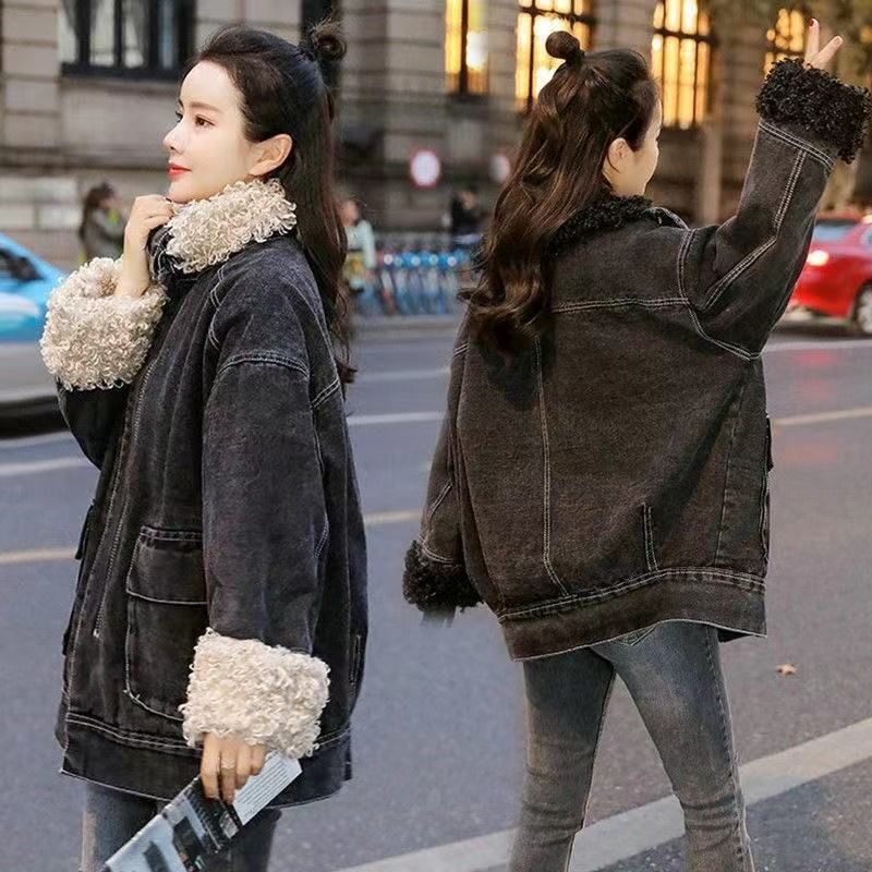 Giacca in denim da donna, autunno e inverno, nuova, abbinabile, in velluto, imitazione lana d'agnello, taglie forti, giacca in denim e cotone, tendenza_voghion.com