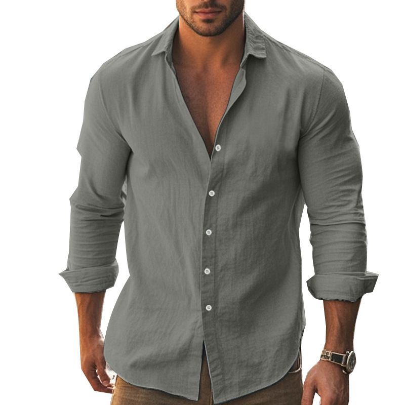Langärmliges Herrenhemd aus Baumwolle – Relaxed Fit, Button-Down-Kragen, einfarbig, für Strand und Alltag_voghion.com