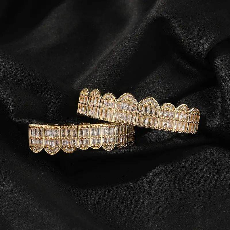 Zubní rovnátka šaty T tvarované zirkonové šperky doplňky osm obdélníkové zirkony vtipná osobnost pánské evropské hip hop rovnátka_voghion.com
