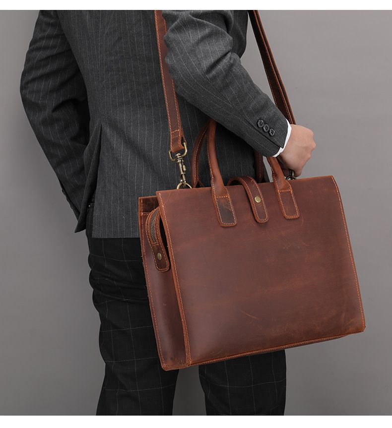 Men's Genuine Leather Briefcase - Vintage Business Bag With Large Capacity For Laptop & Documents (Top Grain Cowhide Classic Handcrafted Office Bag)_voghion.com