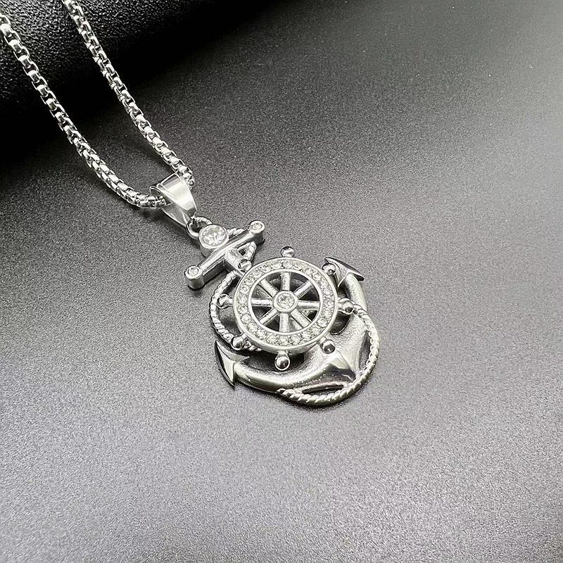 Hip hop jewelry titanium steel vacuum gold plated rhinestone anchor pendant necklace_voghion.com