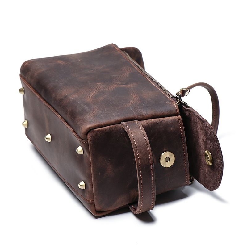 Retro multi-functional leather handbag for men's makeup bag, large capacity crazy horse skin toiletries storage bag_voghion.com