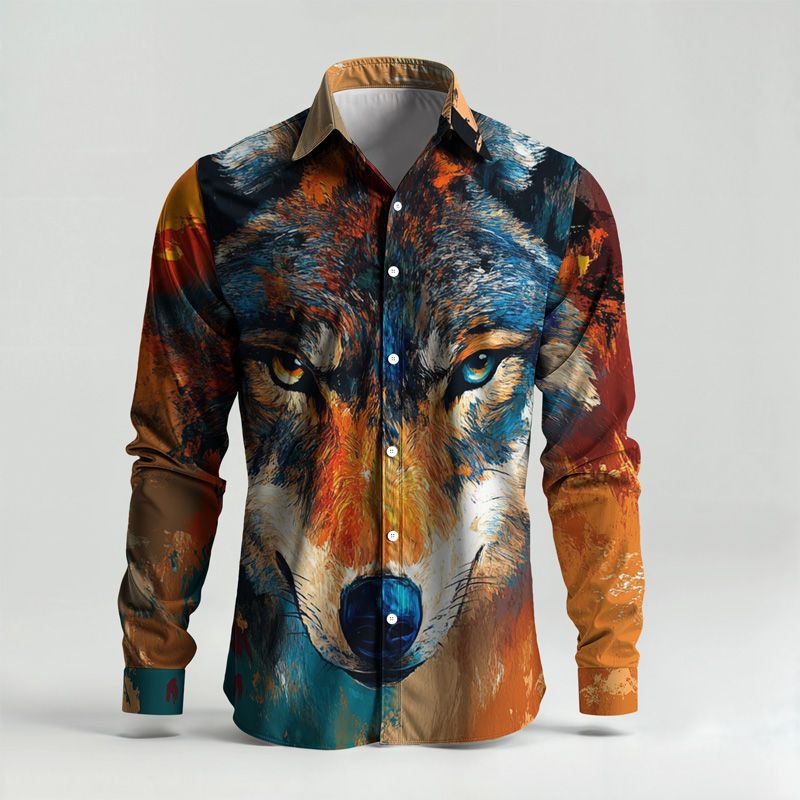 2025 Frühling Sommer Herren Hemd Set Premium Wolf Print mit Sternenhimmel Muster Zweiteiler Herren Universum inspiriert Leicht_voghion.com