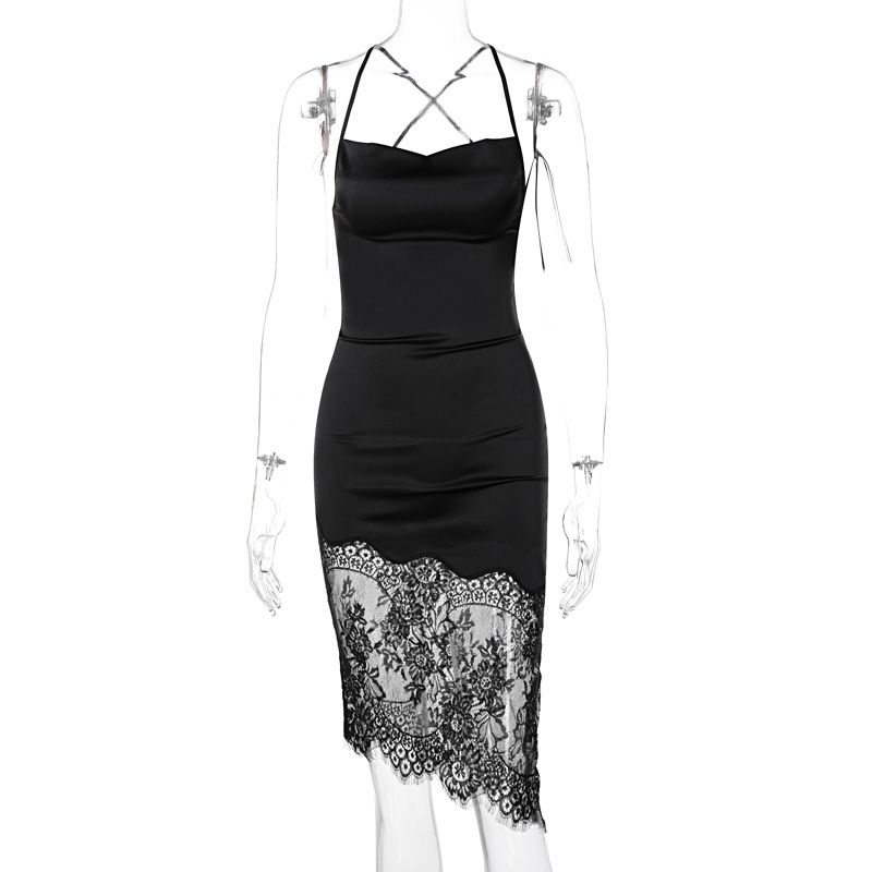 Wind Sexy Patchwork Kleid 2024 Herbst Neue Lace Up Backless Stil Rock_voghion.com
