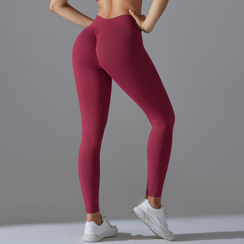 Brezšivne pletene enobarvne oprijete hlače z visokim pasom, breskve, v-pasu, joga športne tekaške hlače za fitnes_voghion.com