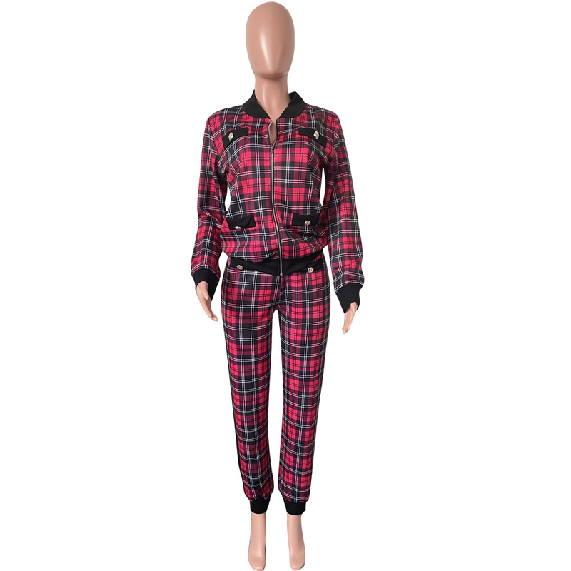 Traje casual de moda para mujer, abrigo con botones y pantalones con estampado de mil pájaros, conjunto de dos piezas_voghion.com