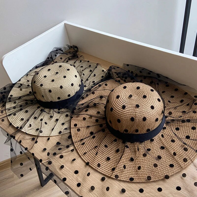 Sombreros de paja de verano con encaje de malla para mujer, clásicos, elegantes, con lunares, de ala ancha, para playa, plegables, con protección UV, Panamá_voghion.com