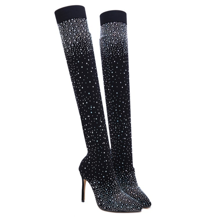 Diamante Knee Long Tube Socks High Heel Rhinestone Pointed Toe Over-the-Knee Boots_voghion.com