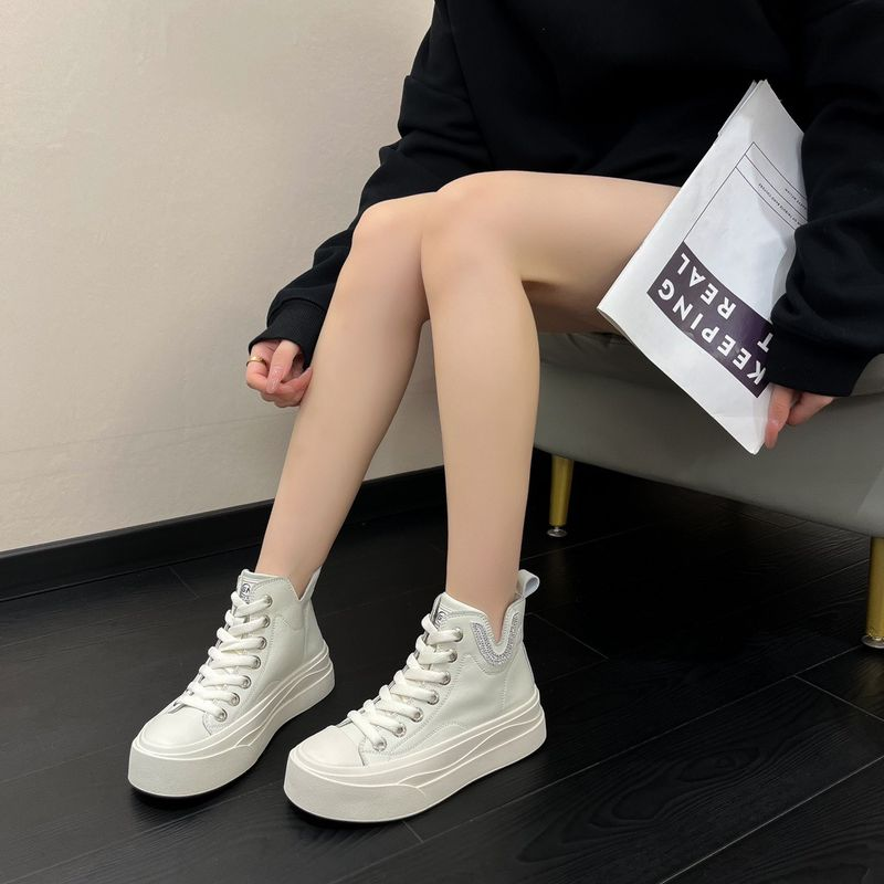 Casual High-Top White Shoes Women's 2023 Autumn New Thick-Soled Board With Lace-Up Sports Students' All-Match Breathable_voghion.com