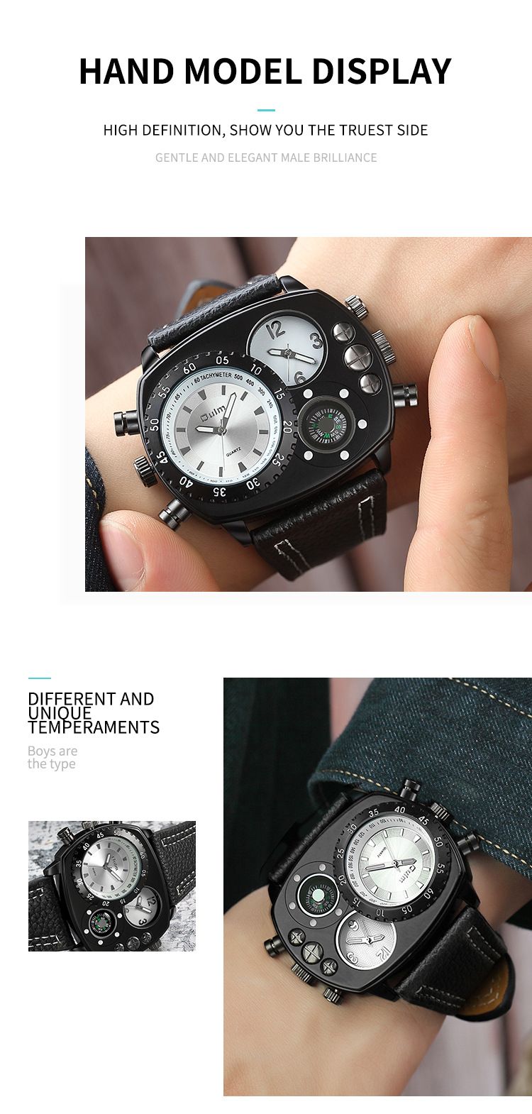 Men's Dual Time Zone Fashion Watch With Compass Design, Large Square Dial, Genuine Leather Strap, Singapore Quartz Movement Luxurious Gift_voghion.com