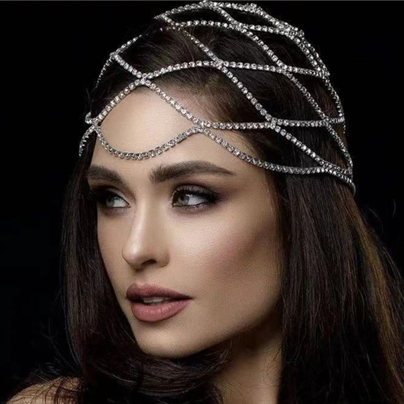 Tocado de malla con diamantes de imitación para mujer, tocado estilo charlestón, cadena para la cabeza, joyería para novia, accesorios para el cabello de cristal para boda_voghion.com