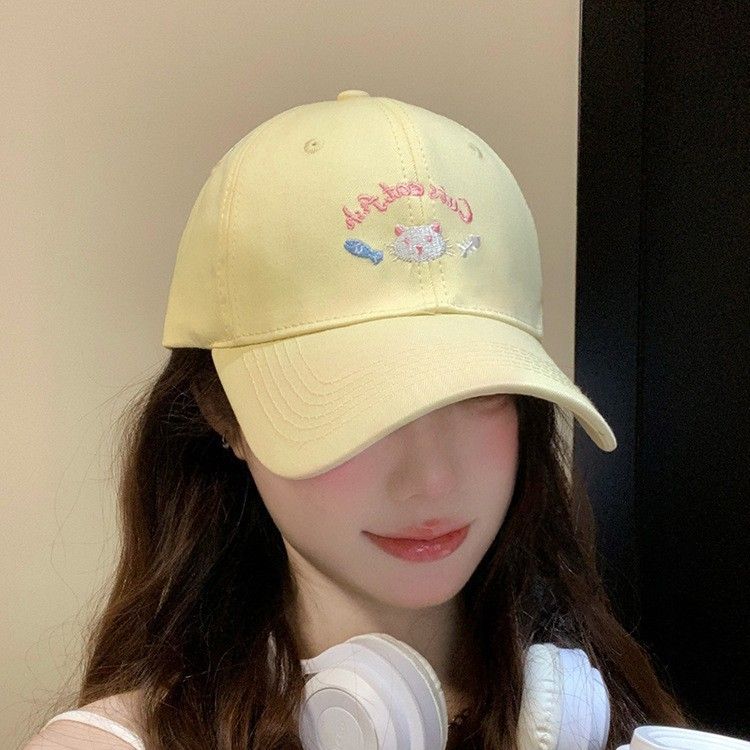 Cute Kitty Embroidered Baseball Cap For Spring And Summer Season For Women With Large Head Circumference And Wide Brim To Show Your Face,_voghion.com