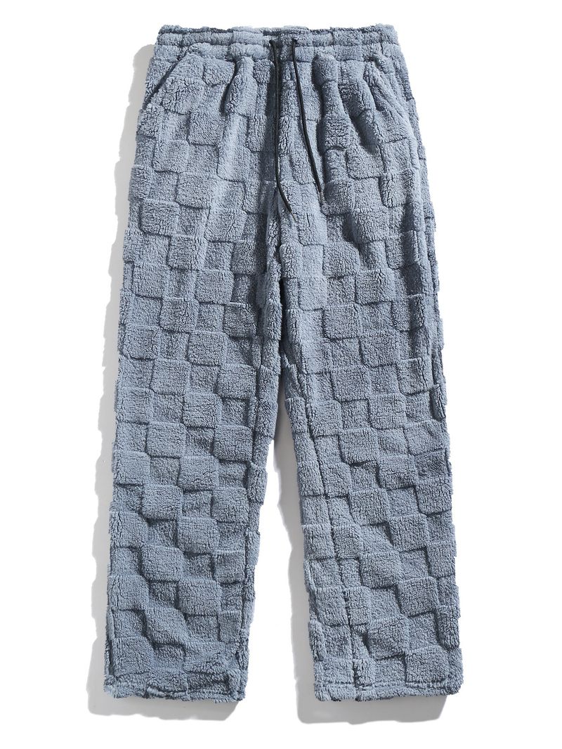 Pantaloni casual da uomo con fodera in pile scozzese - Pantaloni invernali caldi a gamba dritta con cintura, elastico in vita e tasche (bianco, grigio, nero)_voghion.com