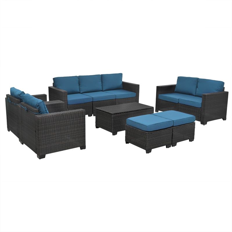 10 Piece PE Rattan Patio Furniture Set, Sectional Sofa Set, Outdoor Patio Furniture Set With Cushions & Tempered Glass Coffee Table_voghion.com