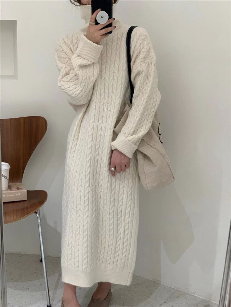 Maglione lungo sopra il ginocchio alla moda, stile coreano, con collo alto e trecce, per donna_voghion.com