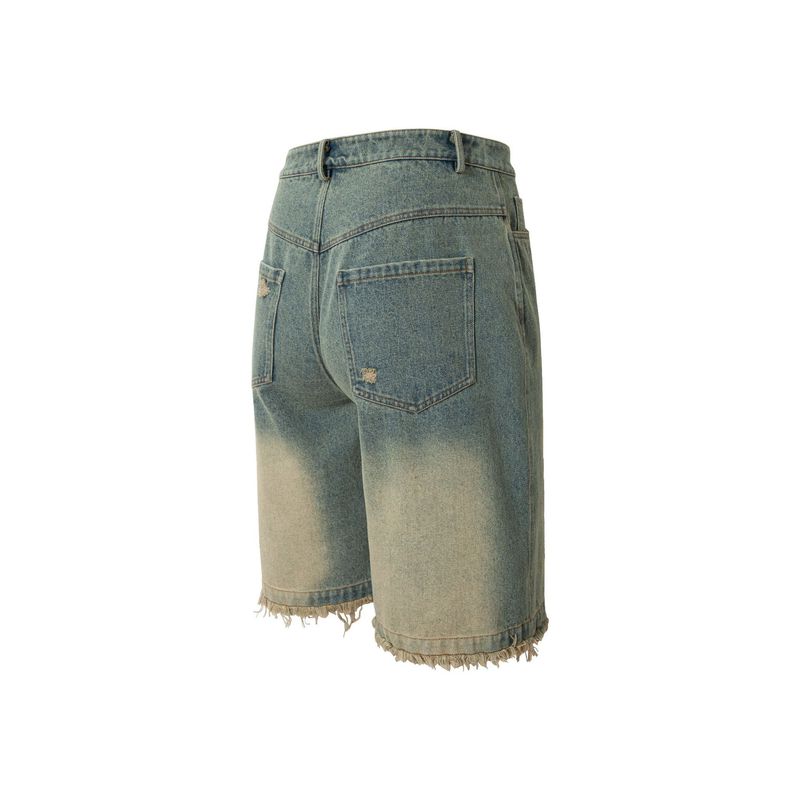 Îmbrăcăminte bărbătească Pantaloni scurți din denim rupți, spălați, cu gradient retro, de vară, personalizați, cu margini brute_voghion.com