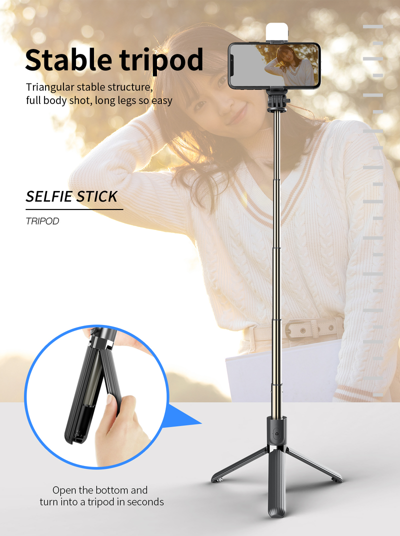 Tripé expansível para selfie com luz de preenchimento, controle de mote sem fio, compatível com iPhone, Samsung, Google,_voghion.com
