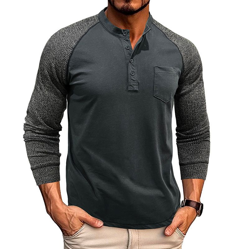Unschlagbare Qualität Herren Rundhalsausschnitt Gerippte Patchwork-Ärmel Mit Raglan Henley Basis, Langärmliges Herren T-Shirt Top, Robustes Baumwollhemd_voghion.com