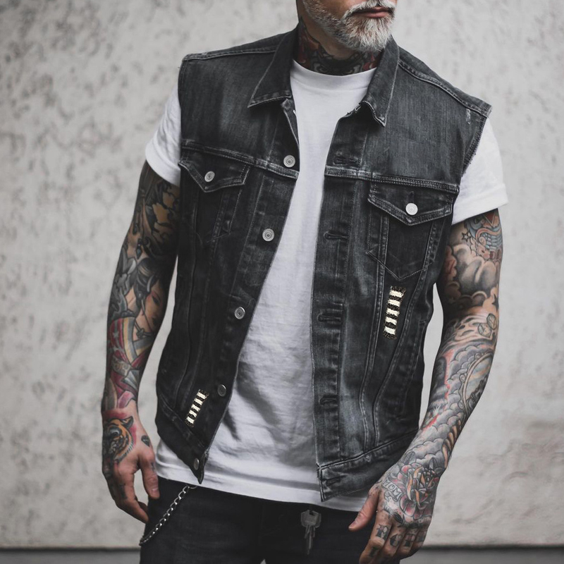 Männerkleeder Denim mat Badge-Bedréckung Äermellos Casual Moudjackett Temperament Denimweste_voghion.com