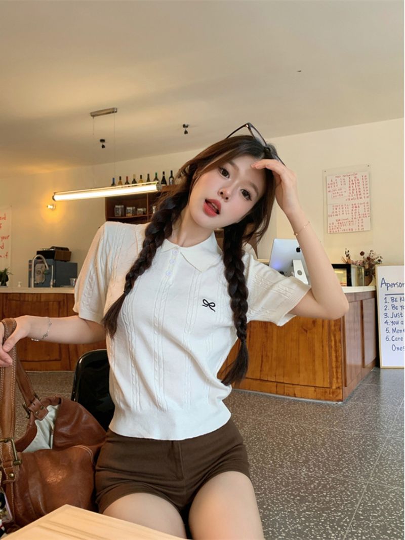 Maglione con fiocco intrecciato e ricamo da college da donna, temperamento, top coordinati_voghion.com