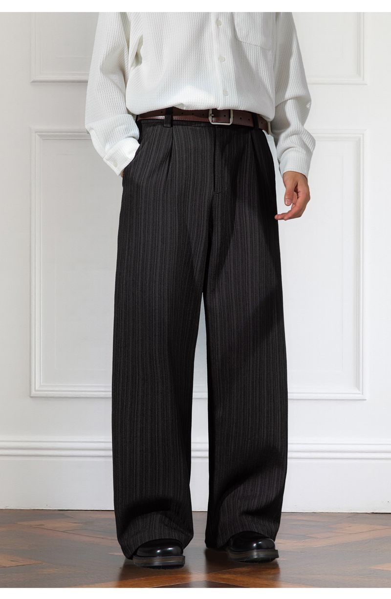 Pantalon rétro large pour homme – Pantalon droit plissé taille haute à rayures subtiles (M-XXXL)_voghion.com