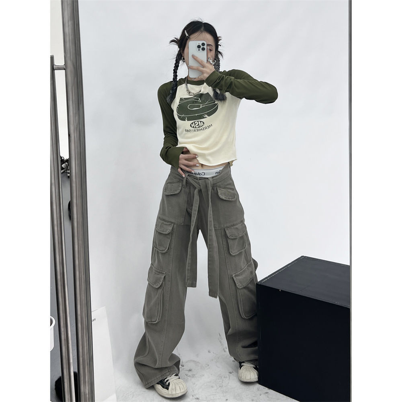HOUZHOU Vintage Y2K Patchwork Groene T-shirts Vrouwen Hippie Streetwear T-shirts met lange mouwen Vrouwelijke Kpop Retro Herfst Crop_voghion.com