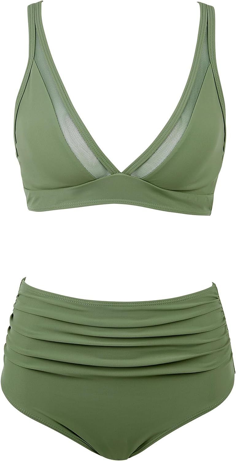 2024 Neuer Bikini mit hoher Taille und Netzstoff, sexy, offener Rücken, plissierter Badeanzug_voghion.com