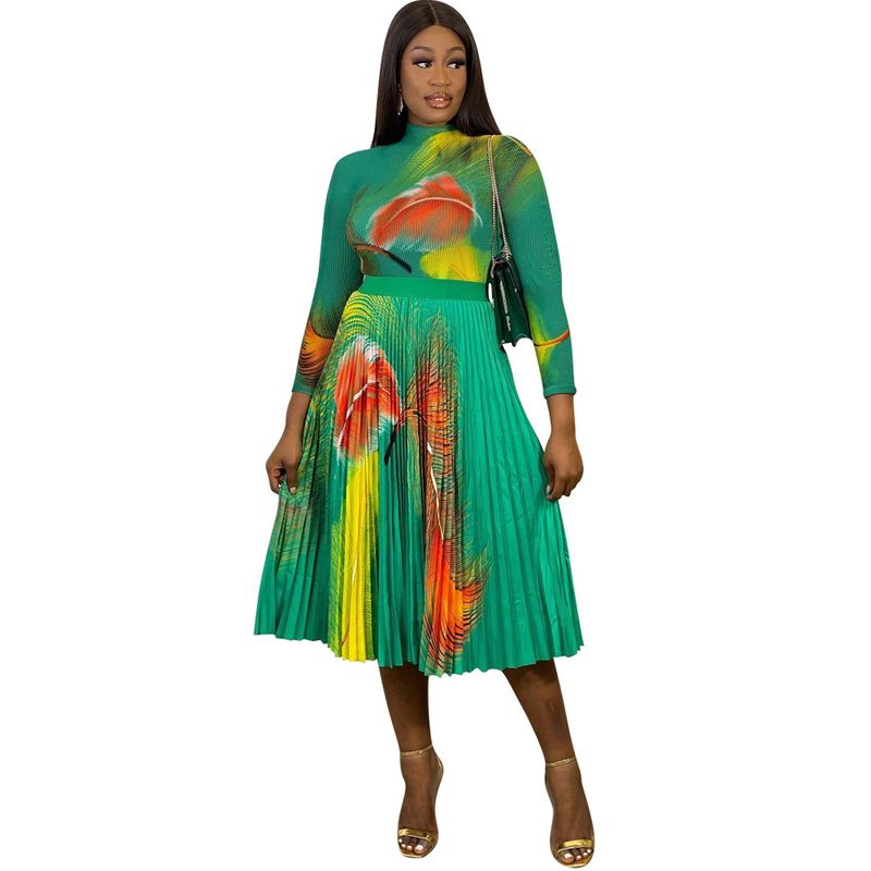 Maglietta attillata classica da donna, plissettata, alla moda, stampata, lavorata a maglia con motivo a mais + gonna ampia a vita alta_voghion.com