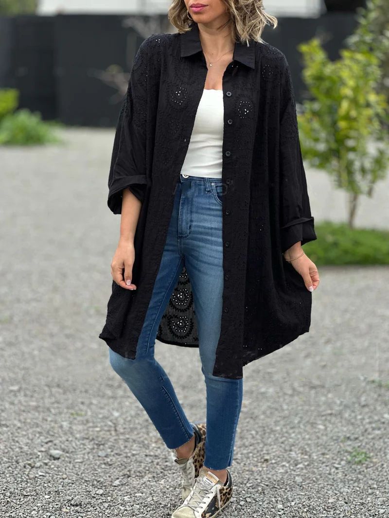 Oversized Damen-Trenchcoat – Langärmlige, bestickte Polyesterjacke mit Schnürung, klassischer Hemdkragen, Größen S–5XL_voghion.com