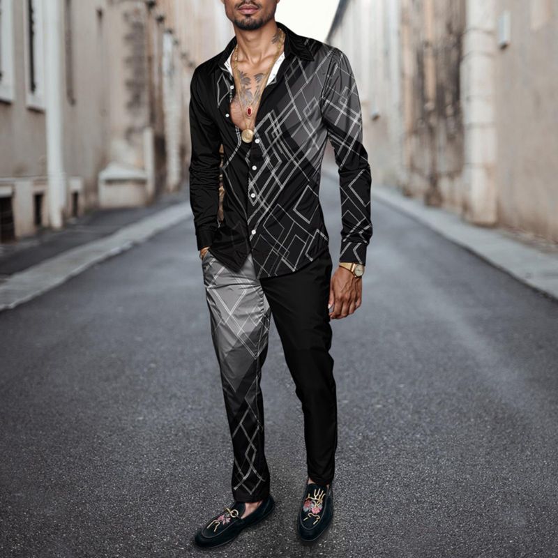 2025 Spring Summer Men Shirt Set Geometry Print Fashion Simple Two Piece Set Mens Gradient Lightweight Party Long Sleeves Suit_voghion.com