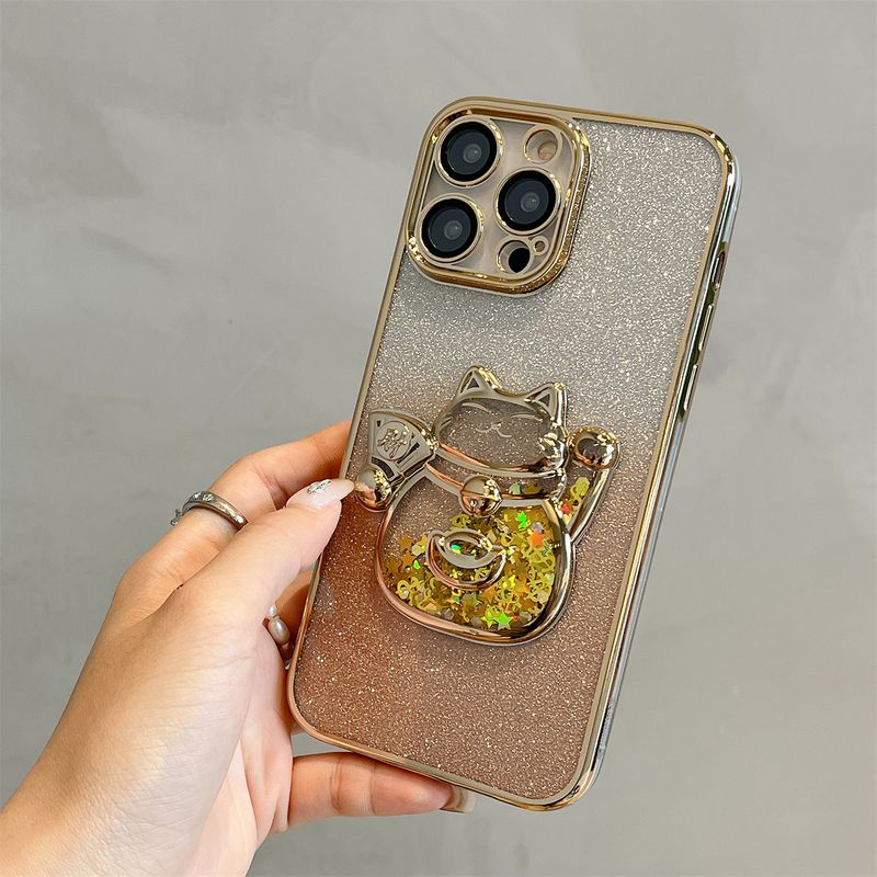 Custodia per telefono Flowing Sand Electroplated Wealth Cat adatta per iPhone 11, 12, 13, 14, 15 Pro Max con pellicola per obiettivo integrata_voghion.com