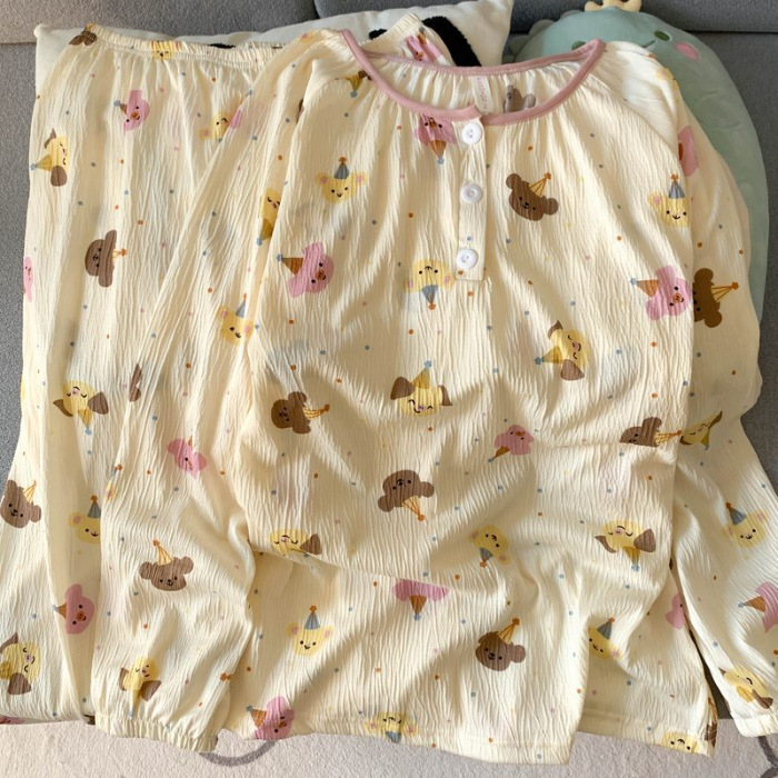 【Baumwollkreppstoff 】 Zweiteiliger Pyjama mit gepunkteten Ferkeln in Übergröße für Frauen im Frühling und Herbst, lang_voghion.com