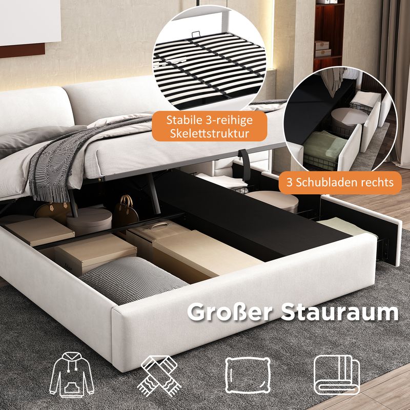 Cadre de lit coffre hydraulique rembourré en velours avec 3 tiroirs, sommier à lattes, beige, 180 x 200 cm, matelas non inclus_voghion.com