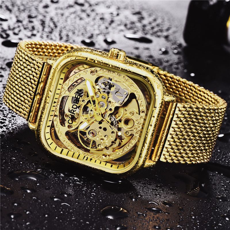 Men's Stainless Steel Automatic Mechanical Watch With Square Dial And Skeleton Design, Business Style, Water Resistant_voghion.com