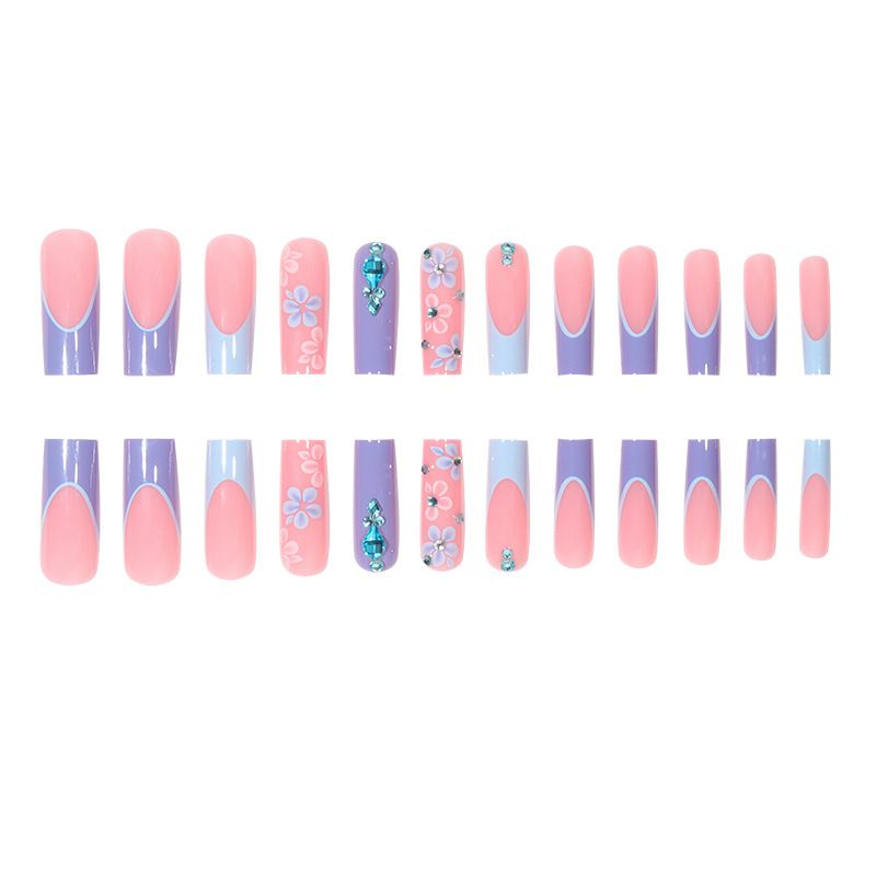 Faux ongles longs à coller, style français, avec cristaux, pour femme, réutilisables (lot de 12 pièces)_voghion.com