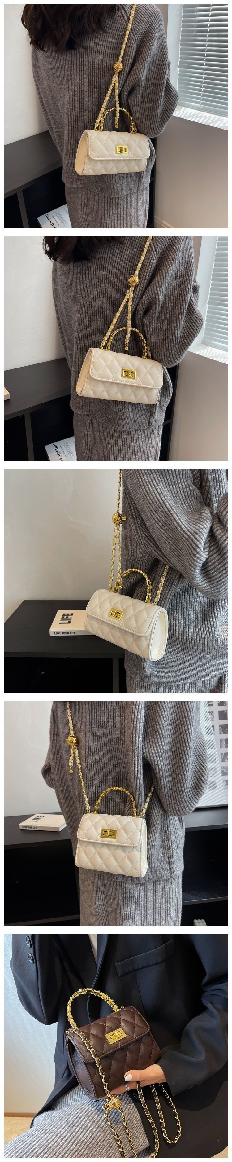 Bolsa tiracolo feminina elegante acolchoada com fecho de cadeado - Bolsa tote pequena e grande estilosa para uso casual e viagens, disponível em preto, marrom e bege_voghion.com