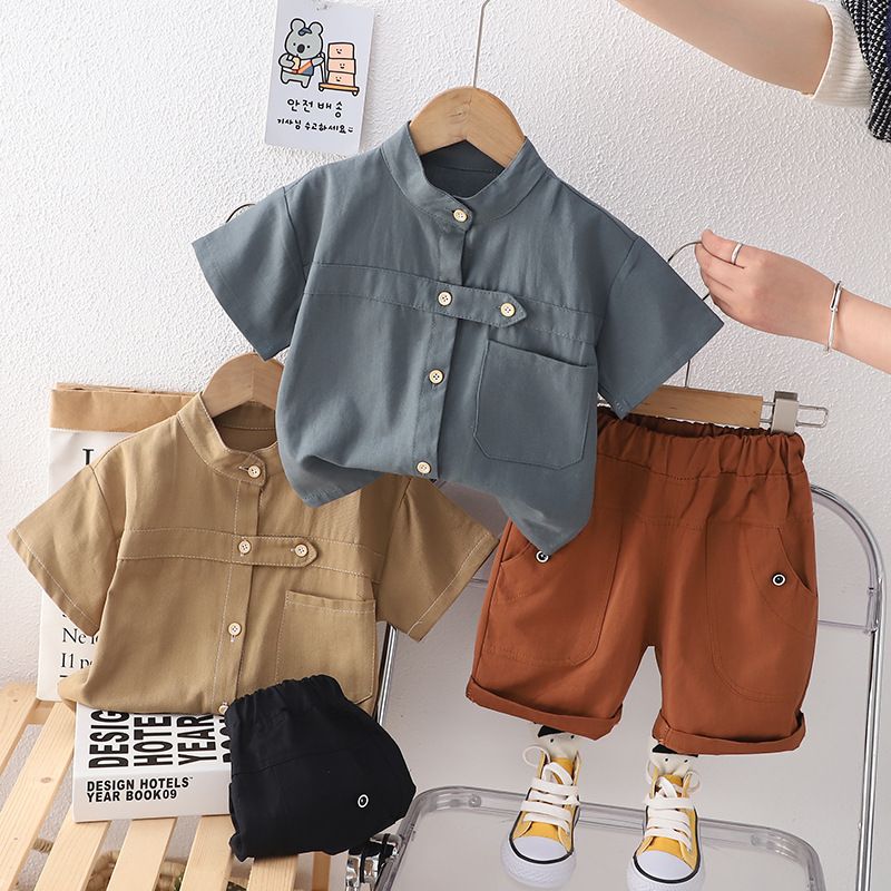 Set di piccole e medie dimensioni, abbigliamento estivo a maniche corte per ragazzi, camicia personalizzata abbottonata in tinta unita, per bambini_voghion.com