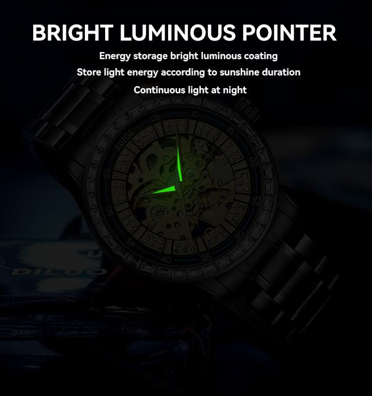 Reloj mecánico automático de lujo RUIGE para hombre, de acero inoxidable, con incrustaciones de diamantes, hueco, con brillo nocturno, resistente al agua, moderno._voghion.com