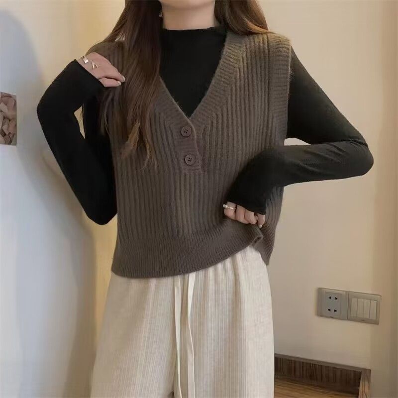 Französische kurze Strickweste für Damen, Herbst- und Winterdesign, Lagenkleidung, ärmelloser Pullover mit V-Ausschnitt, Lazy Style_voghion.com