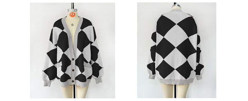Cardigan tricoté contrasté pour femmes, col en v, coutures géométriques, manteau ample décontracté_voghion.com