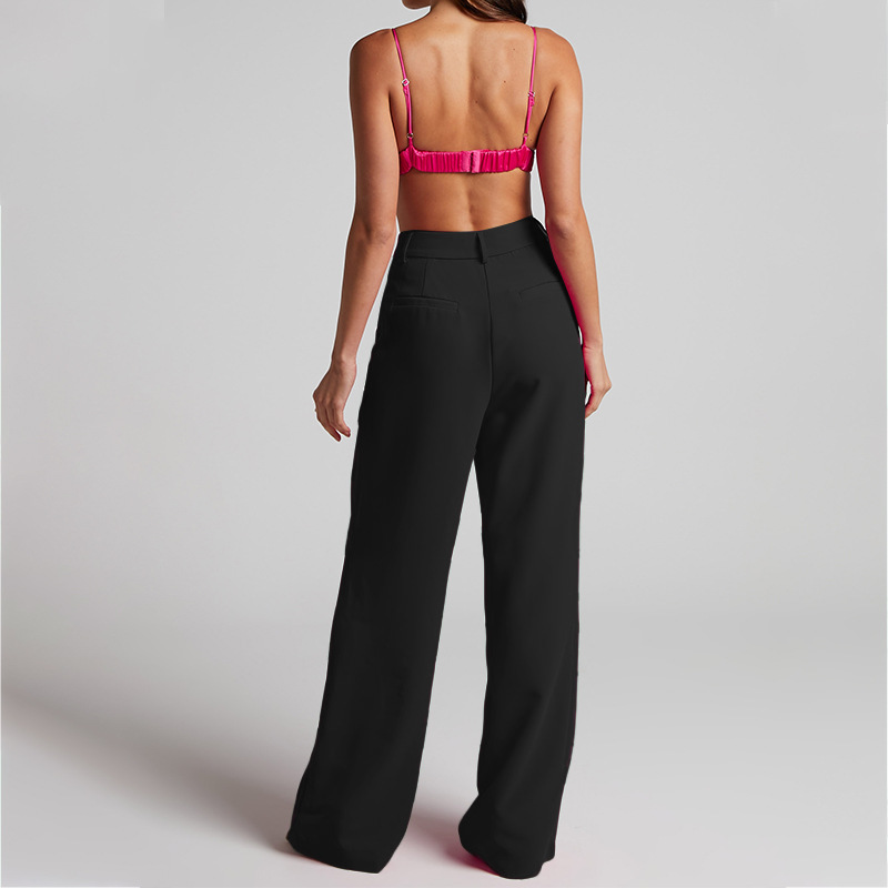Pantaloni larghi da donna a gamba larga a vita alta a maniche lunghe con risvolto casual, due pezzi_voghion.com