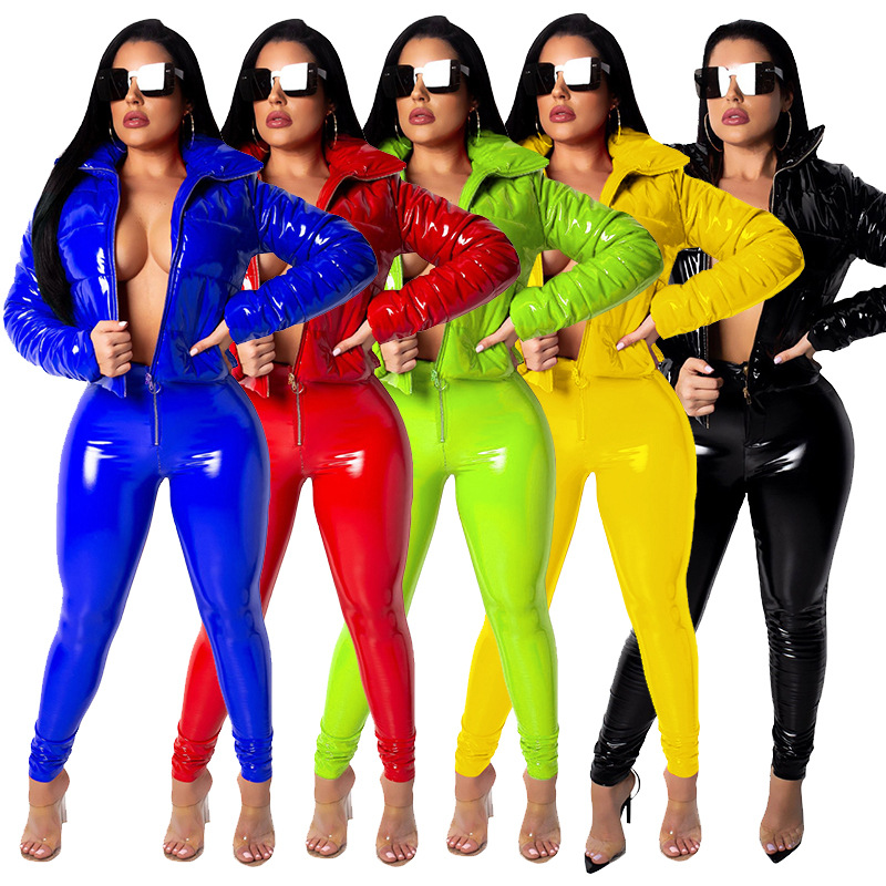 Giacca imbottita in pelle PU brillante da donna, giacca calda, nuovo cappotto solido autunnale e invernale_voghion.com