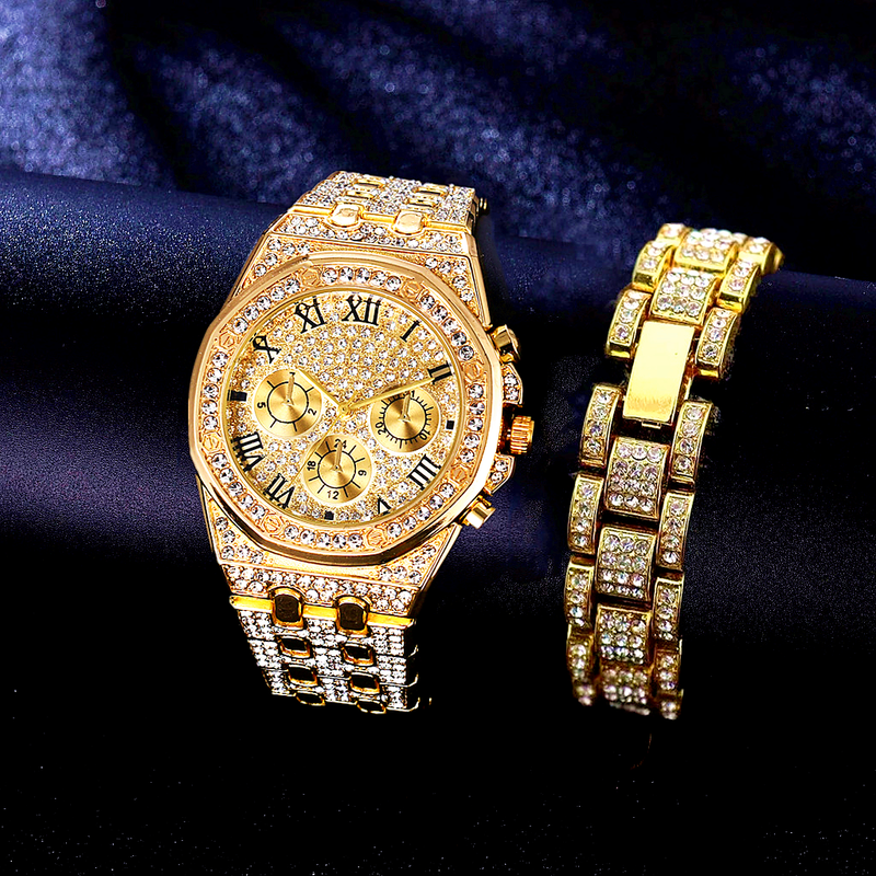 Zegarek na bransoletce dla mężczyzn Iced Out Clock Hip Hop Duży łańcuch Złoty zegarek na rękę Rhinestone Bling Męski zestaw prezentowy Religio Masculino_voghion.com