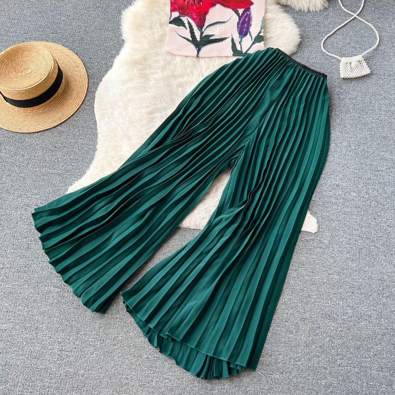 Women's Clothing fashion suit for women, summer printed top + loose pleated wide-leg trousers_voghion.com