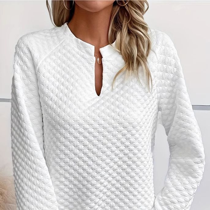 Felpa casual da donna con scollo a V profondo e maniche lunghe, tinta unita, K New_voghion.com